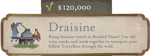 A developmental sketch of the Draisine (a hand car), depicting two Travellers actively pumping the lever to make it move along the train tracks.