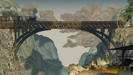 A black steam engine train have just begun crossing a train bridge high above a valley, between two mountains.
